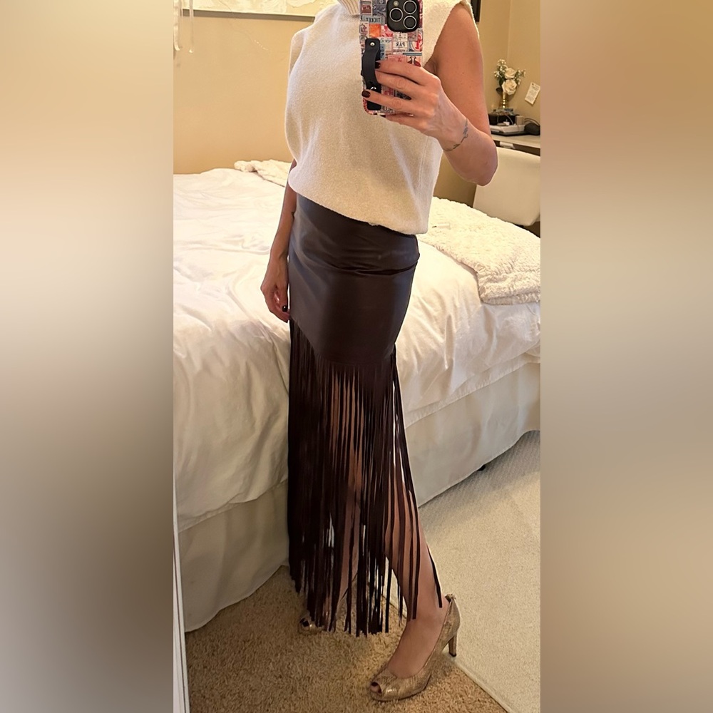 THEPERFEXT Chocolate Brown Maxi Fringe Skirt